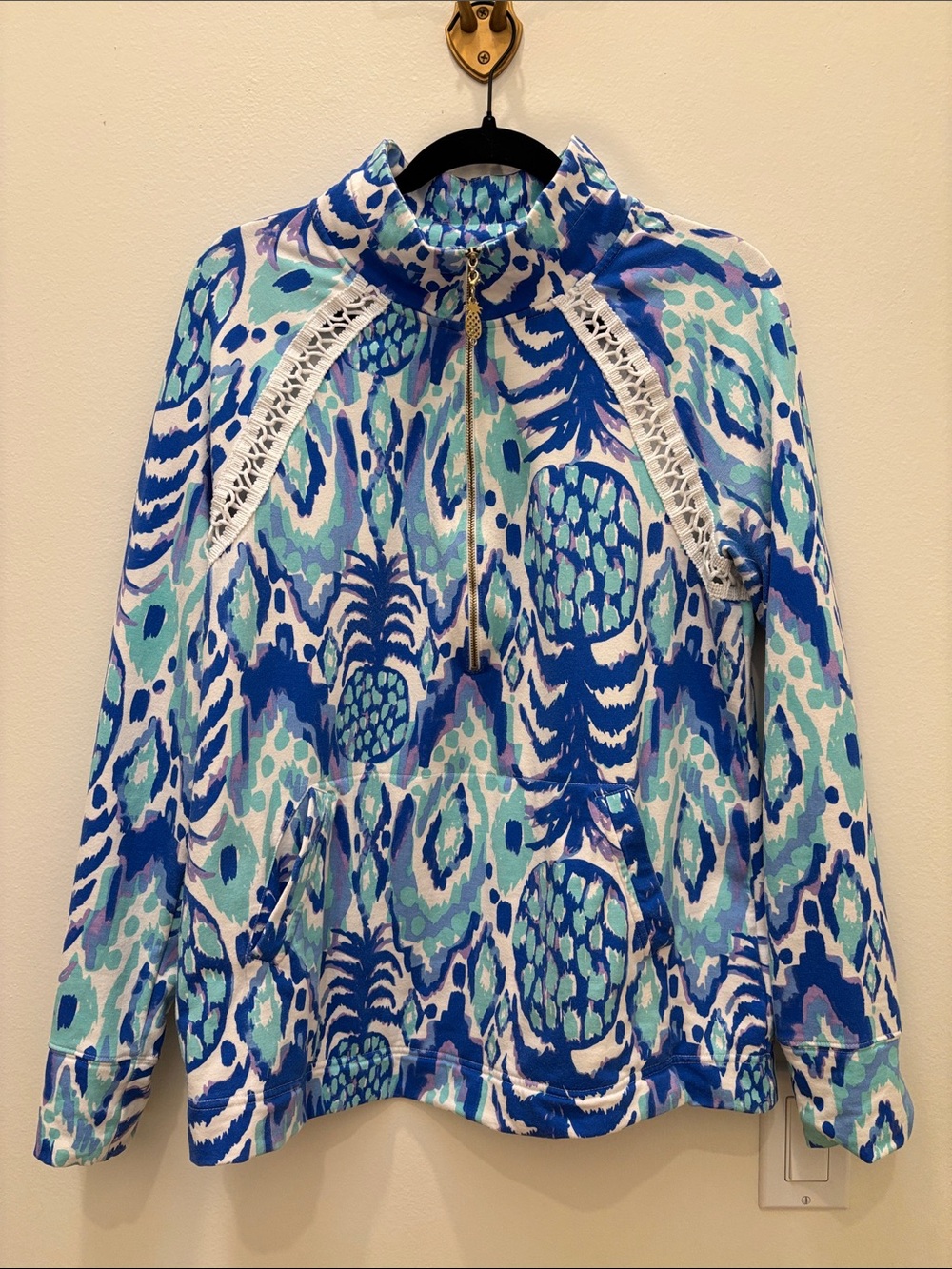 Lilly Pulitzer Blue & Aqua Printed Half-Zip Pullover with Crochet Trim